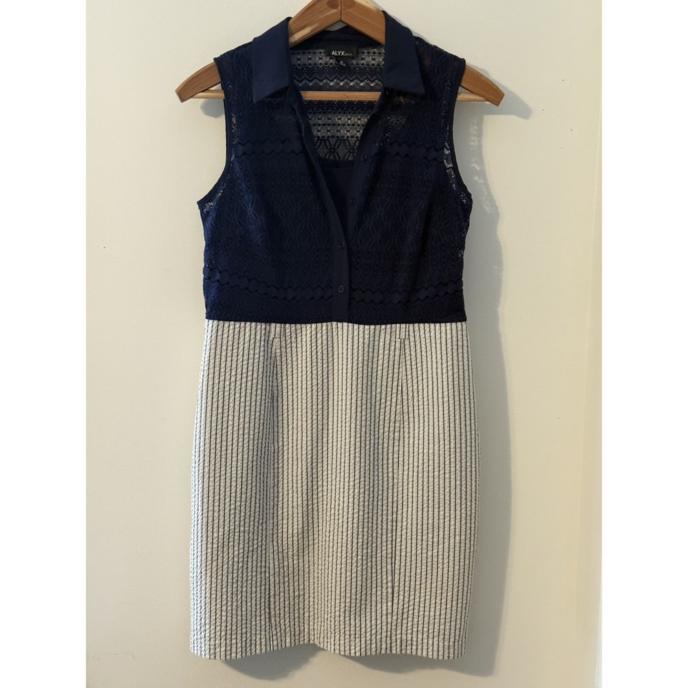 Alyx Navy Lace Collared Sleeveless dress Striped Skirt Button 12 Classic preppy